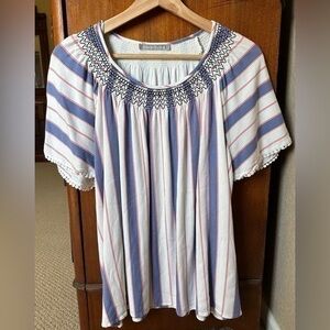 Thread & Supply White Striped Smocked Yoke Peasant Top - Blue/Pink